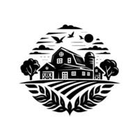 Black and White Farmhouse Scene in an Oval Frame with Barn, Silo, Fields, Trees, Birds, and Sun, Creating a Peaceful Rural Atmosphere. vector