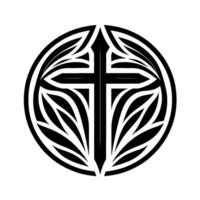 Intricate Black and White Circular of a Cross with Leaflike Patterns, Symbolic, and Decorative vector
