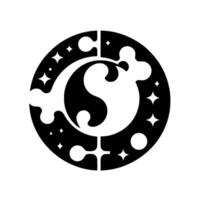 Stylized Black and White Circular Crescent Moon S Symbol, Starry Sky, and Abstract Elements, . vector