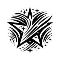 Black and white abstract starburst with radiating lines, small stars, and a modern, geometric flair on white background. vector