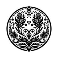 Intricate Black Floral Mandala Within a Circle, Symmetrical Leafy on White Background. vector