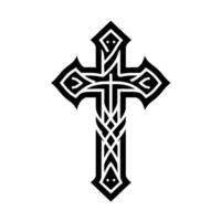 Intricately designed, stylized black Celtic cross illustration with interwoven patterns, set against a clean white background. vector