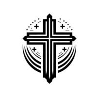 Geometric cross , minimalistic black and white illustration featuring a central cross and surrounding decorative elements in a circular composition, on a plain white background. vector