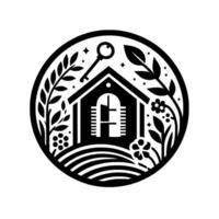 Monochromatic circular of a house with a key, surrounded by stylized plants, stars, and a field, evoking a cozy, welcoming atmosphere. vector