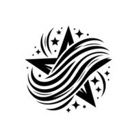 Abstract Black and White Featuring a Star with Curved Lines, Twinkling Stars, and Arcs in a Circular Composition on White vector