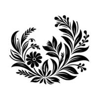 Elegant Black and White Floral Flourish Symmetrical Featuring Leaves, Flowers, and Berries Arranged in a Circular Pattern on a White Background. vector