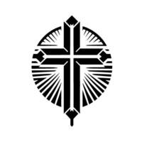 Geometric Black Cross within Radiant Circle on White, Symbolizing Faith and Hope. vector