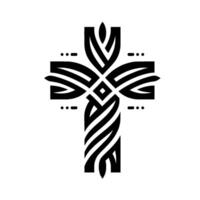 Abstract Black and White Decorative Cross with Geometric Patterns, Leaves, and Dots on White Background. vector