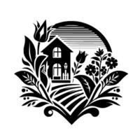 Black and White Floral Crest A stylized rural scene featuring a house encircled by flowers, leaves, and a field, creating a harmonious, natural composition. vector