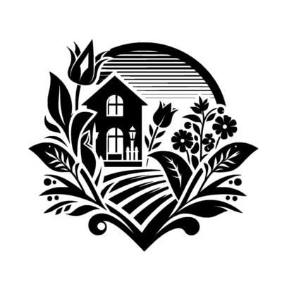 Black and White Floral Crest A stylized rural scene featuring a house encircled by flowers, leaves, and a field, creating a harmonious, natural composition.