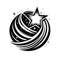 A stylized black and white of a shooting star within a circle of stylized lines and other stars, creating a dynamic and celestial . vector