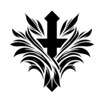 A symmetrical black and white featuring a cross incorporated within stylized, flowing leaflike elements, creating a balanced and intricate visual composition. vector