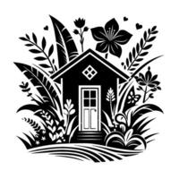 Black and white illustration of a charming house surrounded by lush plants and flowers, creating a whimsical, idyllic scene. vector