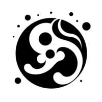 Abstract YinYang Inspired Black and White Circular with Ornate Curvilinear Shapes and Floating Dot Elements on White Background. vector