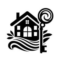 Stylized monochrome of a house with ornamental key and decorative wave, suggesting property and access. vector