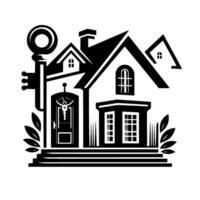 Black and White Illustration of a House with a Large Key and a Smaller Key on the Door, Representing Real Estate and Home Ownership. vector