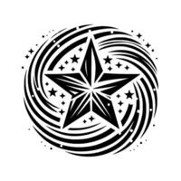 Bold Black and White Stellar Burst A Geometric Star Surrounded by Swirling Lines, Dots, and MiniStars on a White Background. vector