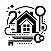 Artistic Black and White Illustration of a Home with Keys and Year Symbols, Representing Property and New Beginnings vector