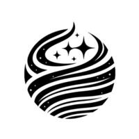 Abstract Cosmic Sphere Black and white illustration of a stylized orb with swirling lines, stars, and an upward arc, symbolizing the cosmos and celestial bodies. vector