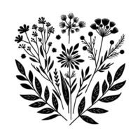Intricate Black and White Botanical Illustration A Circular Arrangement of Diverse Wildflowers, Leaves, and Foliage on a Plain White Background. vector