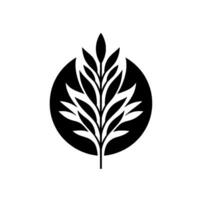 black and white featuring a stylized symmetrical branch with leaves, contained within a solid black circular backdrop against a white background. vector