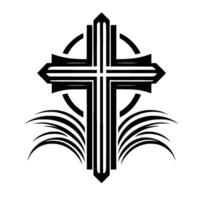 Stylized Black Cross with Circle and Abstract Curved Elements on White Background, Symbolic Artwork. vector