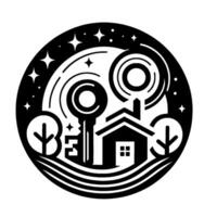 Symbolic Black and White Circular Key House with Night Sky, Trees, and Swirls, Representing Home Ownership and Dreams. vector