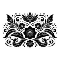 Symmetrical floral arrangement, featuring a central flower and leaves, in a stark black and white , creating a visually balanced and decorative pattern. vector