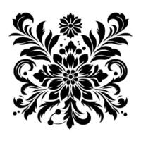 Symmetrical Black Floral Damask with Intricate Leaf and Swirl Elements on a White Background. vector