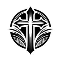 Intricate Black and White Christian Cross with Ornamental Circle and Leaf Elements, , Spiritual Symbol. vector