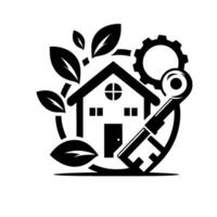 Black and white of a house with key, gear, and leaves, representing real estate, security, and sustainability. vector