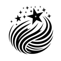 Black and white stylized illustration of stars streaming from a central star burst within an orbital pattern, set against a bright white background. vector