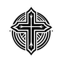 Intricate Black Cross Within Concentric Circle , Geometric, Ornamental, Illustration, White Background. vector