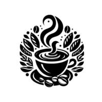 Elegant Black White Coffee Cup Illustration with Leaves, Steam, and Beans, Arranged in a Circular Composition vector