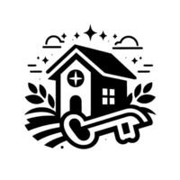 Symbolic Black White Illustration of a House, Key, and Abstract Landscape Elements in a Circular Badge . vector