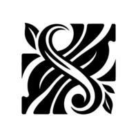 Black and white stylized decorative square featuring a central S shaped flourish entwined with organic leaf elements, in minimalist style. vector