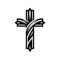 Symbolic Christian Cross with Flowing, Leaflike Elements in Black and White, Isolated on White Background, HighContrast . vector