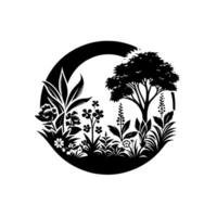 A monochrome circular garden , featuring a tree and various flowers and foliage within a black ring, showcasing natural elegance. vector