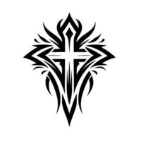 Intricate Black Tribal Cross Featuring Ornate Lines and Pointed Flourishes Against a White Background. vector