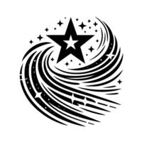 Stylized Black Starburst with a Central Star Surrounded by Swirling Lines and Scattered Celestial Sparkles on White Background. vector