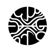 A stylized black and white circular featuring a complex symmetrical pattern of swirling lines, geometric shapes and bold negative space on a plain white background. vector