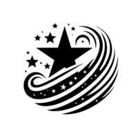Black and White Starry A large star within a swirling crescent , surrounded by smaller stars and a dot pattern, creating a dynamic and celestial emblem. vector