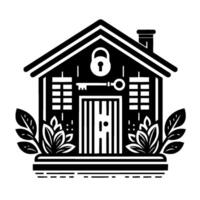Stylized black and white illustration of a house with a key, padlock, and floral accents, evoking home and security. vector
