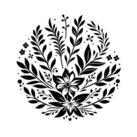 Intricate, symmetrical floral arrangement composed of stylized leaves, flowers, and dot elements in a striking black and white on a clean background. vector
