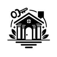 Elegant Monochrome House with Key, Classical Columns, and Modern Leaf Accents on White. vector
