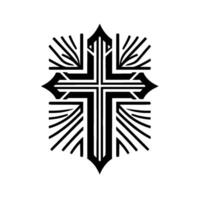 Ornate, Geometric Black Cross with Abstract Ray Extensions on White Background, Symbolizing Faith and Grace. vector