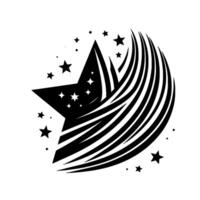 Black and White Starry Comet A Minimalist Illustration with a Geometric Star and Flowing, Curved Lines, Surrounded by Small Stars. vector