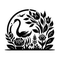 A symmetrical black and white floral silhouette within an arc featuring a swan, flowers, and a bird, evoking tranquility. vector