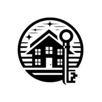 Stylized black white emblem house silhouette with a key inside a circle, featuring star elements. vector