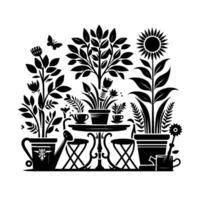 Decorative black and white illustration of a garden scene, featuring potted plants, table with teacups, and butterfly. vector